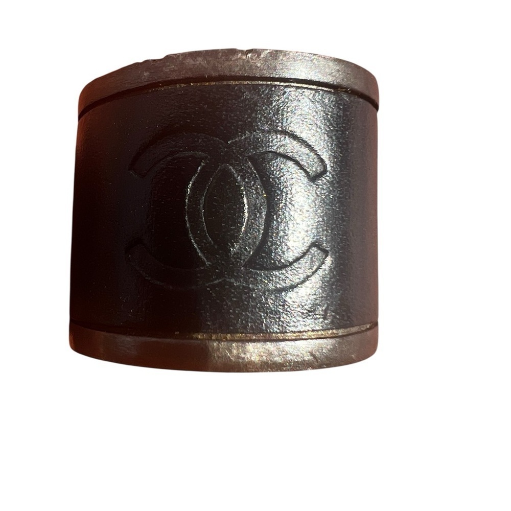 CHANEL Black and Silver and Leather Wide Ring